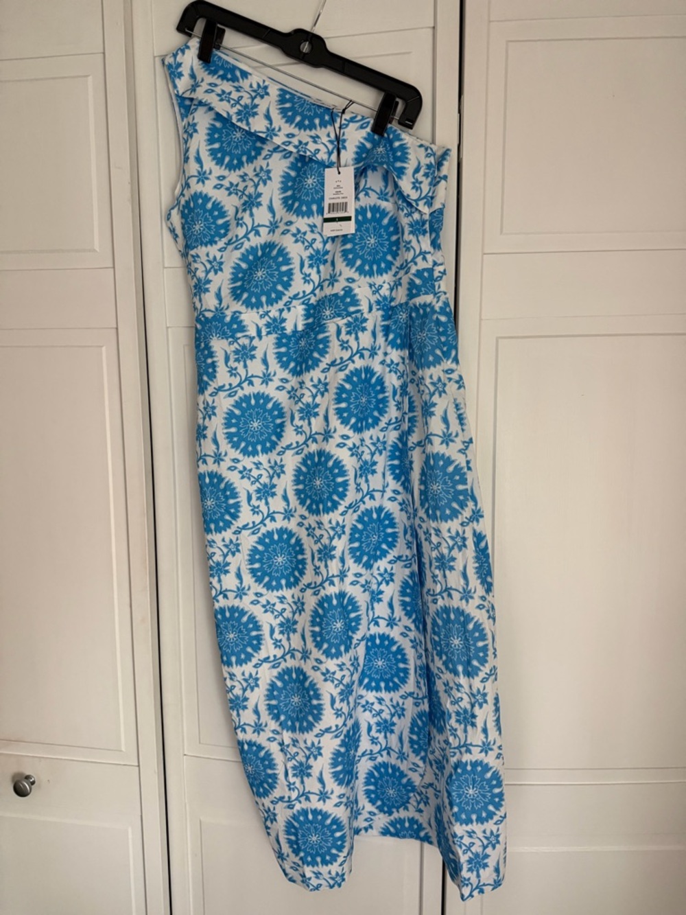 Hermoza White One-Shoulder Dress with Blue Floral Pattern